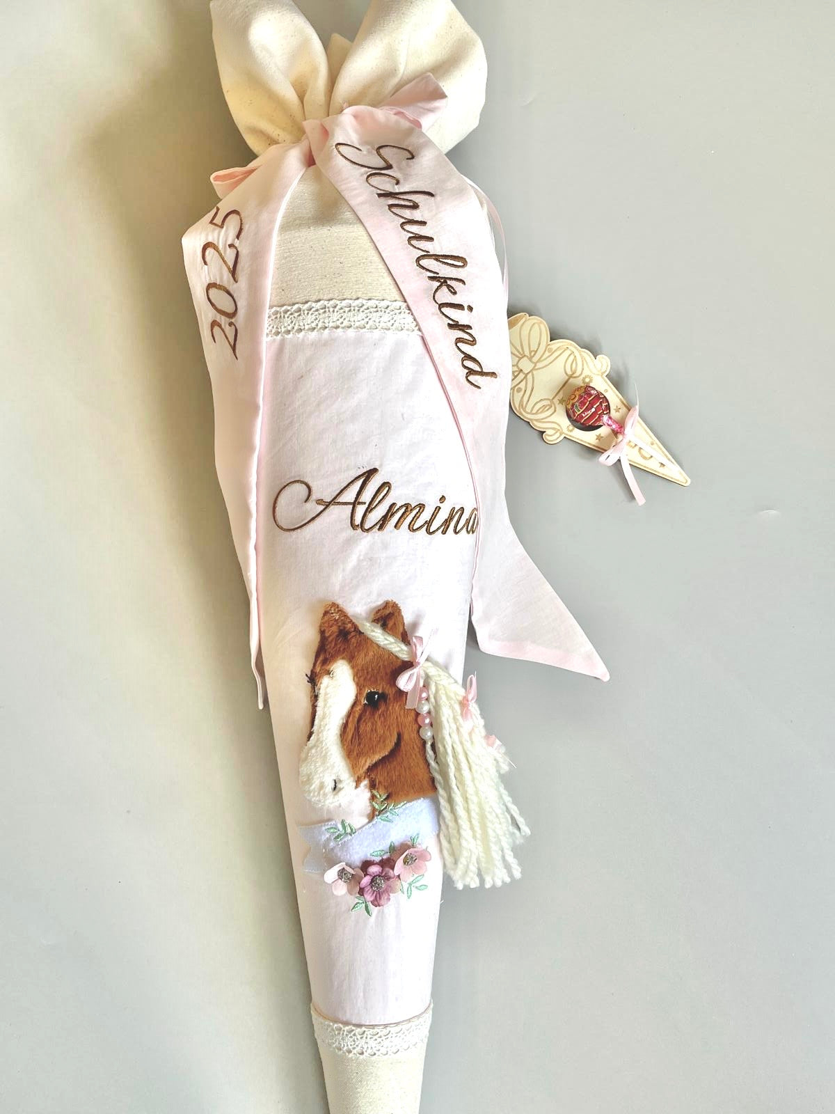 Schultüte - Motiv Pferd, 3- teilig, mit bestickter Schleife